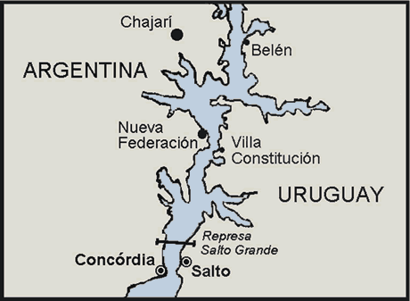 Ubicaci&oacute;n actual de la ciudad de Federaci&oacute;n al borde del Lago de Salto Grande, provincia de Entre R&iacute;os
